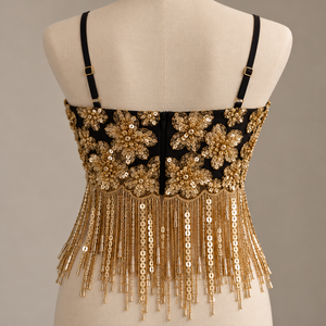 <b>Women's</b> <b>Black</b> Sexy Cami <b>Top</b> Gold Floral Sequin Embroidery Tassel Fringe Breathable Club <b>Tank</b> Crop - Product Image 3