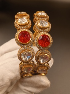 Gold Plated <b>Crystal</b> Red Stone Bangles Women's Trendy Wedding Jewelry Alloy <b>Bracelets</b> Bezel Setting Polki Style Silver - Product Image 3