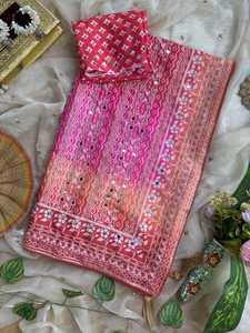 Designer Digital Print With Hand Aari Work And Hand Khatli Work Real Mirror Work with Gota Piping Border Chinon Silk <b>Saree</b> - Product Image 6
