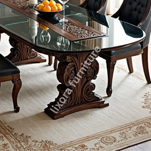 Product Name Luxury Handcrafted <b>Solid</b> <b>Wood</b> 6 Seater Dining <b>Table</b> Set Ornate Carved Base Premium Glass <b>Top</b> Decor --- - Product Image 2