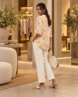 Kurti Pendek Wanita Grosir Motif Bunga Kuning Pink, Kerah V Kancing Depan, Lengan Tiga Perempat, Gaya Etnik India Kasual