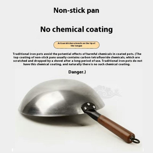 Wok de Hierro Fundido Tipo 32cm con Mango de Madera, Sin Recubrimiento, Fondo Redondo, Capacidad de 18L, Exterior Pulido para Cocina de Gas e Inducción - Product Image 3
