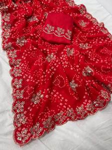 Sari de Georgette Premium Estampado con Bordado Intrincado y Blusa de Seda Mono Bordada sin Coser de Diseño Exclusivo - Product Image 6