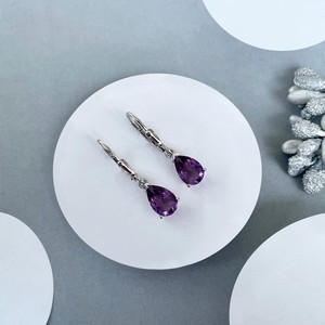 Amethyst Drop <b>Earrings</b> 925 Sterling Silver Platinum Plated Pear Cut Healing Gemstone Third Party Certified Dainty Gift for Her - Product Image 4