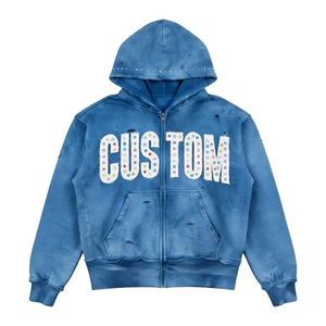 Sweat à capuche zippé personnalisé brodé pour homme, 100 % coton, coupe oversize, effet vieilli, strass, épais, hiver, sans cordon de serrage, streetwear - Product Image 2