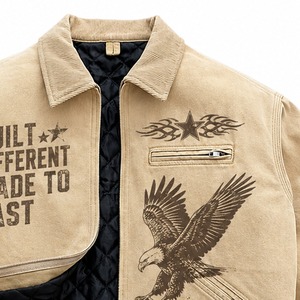 Veste en jean kaki vintage personnalisée avec imprimé graphique d'aigle, doublure matelassée, col rabattable, fermeture éclair, veste de travail unisexe pour un confort optimal - Product Image 3