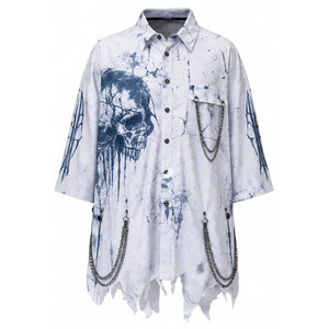 Gothic Printed Men's Shirt With Skull Pattern Three Quarter Sleeve Turn-Down Collar Casual Loose Fit With <b>Chains</b> And Ripped Hem - Product Image 2