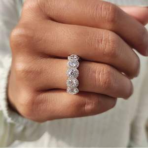 925 Sterling <b>Silver</b> 5 Stone Halo Moissanite <b>Ring</b> | Round Cut VVS Wedding & Engagement <b>Ring</b> for Women - Product Image 4