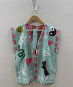 Chaleco Corto sin Mangas para Mujer, Estilo Bohemio, Étnico, Gitano, con Cuentas, Terciopelo, Vintage, Floral, Cuello en V, un Solo Botón, con Cinturón - Product Image 1