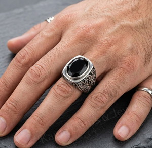 Men's 925 <b>Silver</b> <b>Silver</b> Signet Ring With 10x14mm Oval Black Onyx Gemstone Vintage Floral Pattern Bezel Setting For Everyday Wear - Product Image 3