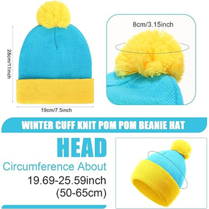Bonnet unisexe mignon avec pompon jaune, bonnet d'hiver en tricot bicolore bleu et jaune pour adultes, usage décontracté - Product Image 4