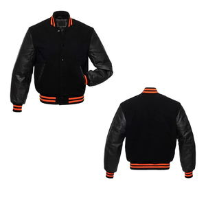 <b>Men</b> wholesale Varsity Letterman <b>Baseball</b> Black Wool Genuine Black Leather Sleeves <b>Jacket</b> - Product Image 5