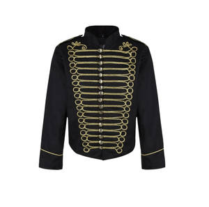 Blazer estilo satén negro para hombre con trenza dorada y botones frontales, cuello alto, corte regular - Product Image 1