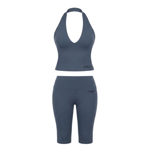 Conjunto Deportivo de 2 Piezas para Mujer, Top Halter y Pantalones Largos, Color Sólido, Tejido de Punto, Spandex y Algodón, Transpirable, para Primavera/Verano - Product Image 4
