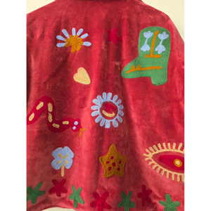 Prairie Chic Embroidered Woven Velvet <b>Quilted</b> <b>Jacket</b> Red Floral <b>Pattern</b> Spread Collar Full Sleeve Autumn Women's Wear - Product Image 6