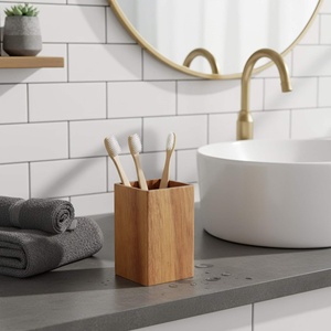 Eco-Friendly Bamboo Wooden Four-piece Elegant Bathroom Accessories <b>Set</b> Luxury Wood <b>Soap</b> Dispenser Toothbrush Holder Tray Hotel - Product Image 3