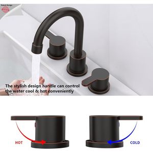 Rubinetto per lavabo bagno in bronzo lucidato a olio con 2 maniglie, 8 pollici, 3 fori, beccuccio girevole a 360 gradi, scarico a scomparsa e tecnologia a sensore - Product Image 4