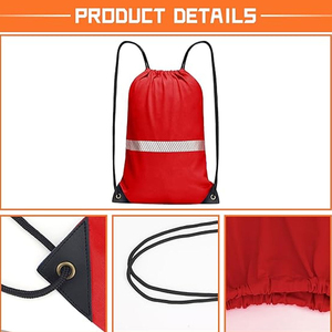 Red <b>Drawstring</b> <b>Backpack</b> Reflective Stripe Water Resistant Lightweight Unisex Outdoor Casual 21L Canvas Material Shoulder Strap - Product Image 3