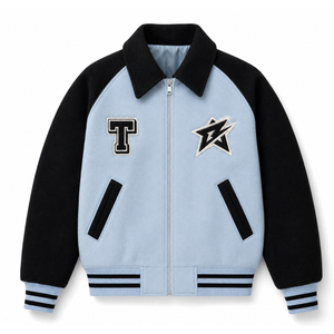Light Blue Black Sleeve Varsity <b>Jacket</b> Men Preppy Style Embroidered Letter T <b>Star</b> Patch Zipper Front College <b>Jacket</b> - Product Image 1