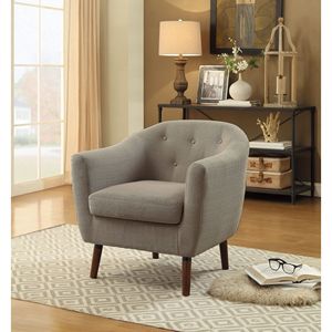 Poltrona Accent con Finitura Espresso e Rivestimento in Tessuto Beige, Trapuntata a Bottoni, in Legno Massello, 1 Pezzo, per Soggiorno - Product Image 1