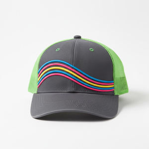Custom Logo Multi-Color Wavy Stripe Mesh Trucker Hat - 6 Panel Grey and Green Snapback Cap Fashion Outdoor Sports Trucker Cap - Product Image 1