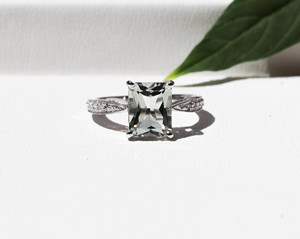 Natural Green Amethyst Prasiolite <b>Ring</b> 925 Sterling <b>Silver</b> Radiant Cut Mint Green Gemstone <b>Solitaire</b> with Zircon Accents - Product Image 1