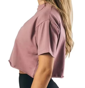 Camiseta Corta Oversize para Mujer, Material de Tela Personalizado y Logotipo, Camiseta Corta de Algodón, Ropa Casual Urbana, Fitness, Yoga, Gimnasio, Prenda Lisa - Product Image 2