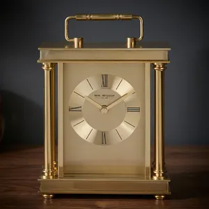 Square Wood <b>Desk</b> <b>Clock</b> Minimalist Design Mechanical Movement Needle Display Gold Finish Geometric Shape Hourly Chiming - Product Image 4