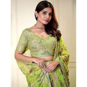 Neon Green Printed Organza Plus Size Bridesmaid Lehenga Choli with <b>Feather</b> Detail - Product Image 3