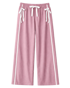 Custom Women Wide Leg Sweatpants Pink Side Stripe High Waist Loose Fit Casual Track Pants <b>Elastic</b> Drawstring Lounge Wear OEM - Product Image 1