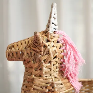 Elegante Cesta de Almacenamiento Hecha a Mano con Forma de Unicornio de Jacinto de Agua, Organizador de Mimbre con Diseño de Animal para Juguetes de Niños y Decoración de Guardería - Product Image 2