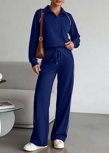 Unisex <b>Navy</b> Blue Half Zip <b>Sweatshirt</b> Set Loose Fit French Terry Casual Solid Color Autumn Wear With Pocket Design - Product Image 5