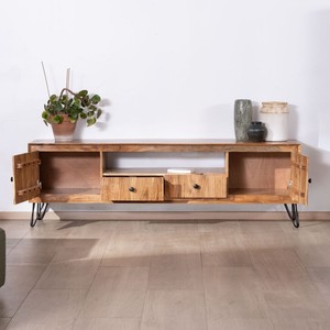 Meuble TV grand format Vandana Silver Texture 195 cm en bois d'acacia avec façades embossées et pieds en métal Wendy - Product Image 2