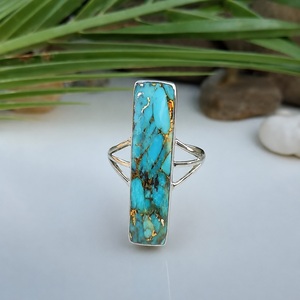 925 Sterling Silver Blue Copper Turquoise <b>Statement</b> <b>Ring</b> Handmade Rectangle Stone Jewelry Gift for Her - Product Image 6
