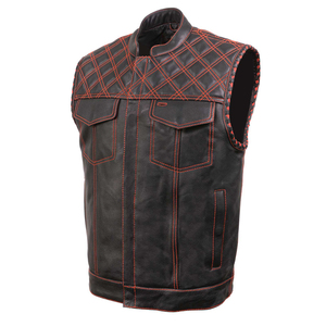 <b>Men's</b> Genuine Leather <b>Vest</b> Stand Collar Moto Biker <b>Waistcoat</b> With Pockets Black Red Stitch Outerwear Quality Wholesale - Product Image 4
