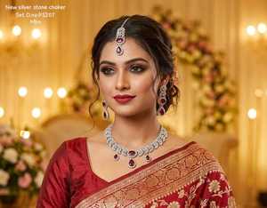 <b>Gold</b> Plated Alloy Pearl Bridal Shadow Choker Necklace <b>Set</b> Earrings Maang Tikka Ethnic High Quality Latest Wedding & Party Gift - Product Image 5
