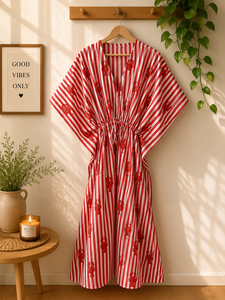 Vestido Kaftán de Algodón Tejido con Estampado Floral y Manga Murciélago con Cuello en V Maxi para Mujer al por Mayor |   Pareo de Playa Estilo Boho |   Ecológico - Product Image 2