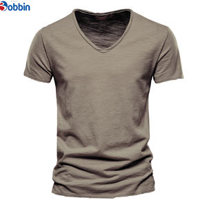 เสื้อยืดลำลองสีพื้นไซส์ใหญ่สำหรับผู้ชาย เสื้อยืดคอตตอนคุณภาพสูงทรงโอเวอร์ไซส์ เสื้อยืดเรียบๆ คอวีลึก - Product Image 5