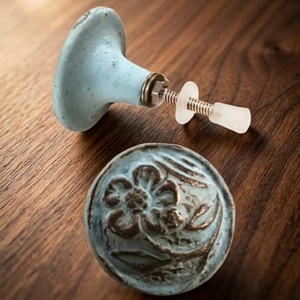 <b>Ceramic</b> Cabinet <b>Knob</b> Round Flower Design Aqua Distressed Traditional Style Drawer Pull Handle - Product Image 1