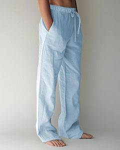 Pantalon large en lin bleu clair pour homme, taille élastique avec cordon de serrage, décontracté, respirant, pour l'été, avec poches latérales - Product Image 3