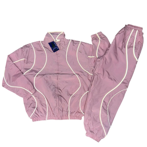 Women's Pink Hooded Tracksuit Full <b>Zip</b> Lightweight Polyester Casual Spring Wear with Side Pockets and White Stitching Detail - Product Image 2