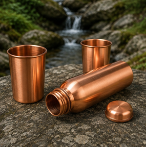 Bouteille d'eau de luxe en cuivre pur avec deux verres lisses, vaisselle de voyage portable au design traditionnel - Product Image 1