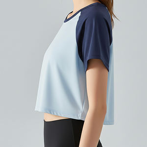 Wholesale Women's Light Blue Navy Color Block Short Sleeve Crop <b>Top</b> O-Neck <b>Raglan</b> Sporty T-Shirt Quick Dry Knitted Regular Fit - Product Image 5