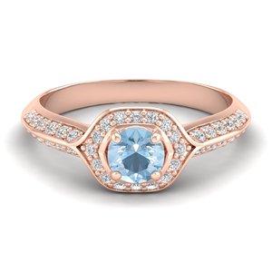 Anillo de compromiso REYES de calidad premium con gema de aguamarina de corte redondo de 0.5 quilates para mujer, anillos solitarios de moissanita en oro rosa de 14K. - Product Image 1