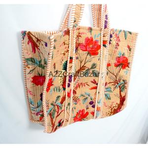 Women's Bohemian Tote <b>Bag</b> with Open Closure Solid Cotton Floral Motifs Hand-Blocked Screen Print Foldable - Product Image 6