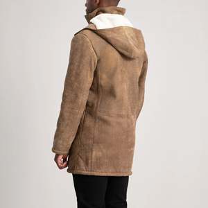 <b>Men's</b> Brown <b>Suede</b> Hooded Leather <b>Jacket</b> Long Windproof Winter Coat Faux Fur Lining Zipper Closure Workwear Style - Product Image 2