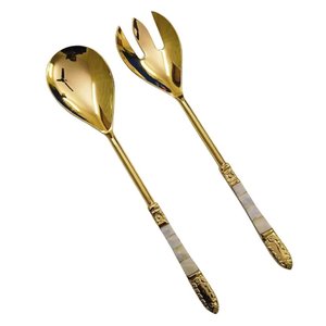 Antique Decorative Stainless Steel Salad Sets With <b>MOP</b> Embossed <b>Handle</b> End Gold Plated Salad Server Sets Handicrafts - Product Image 1
