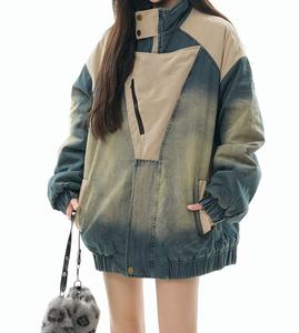 Men's Denim <b>Racer</b> <b>Jacket</b> Gradient Color Spliced Stand Collar Casual Autumn Wear - Product Image 3