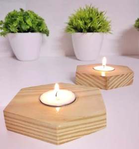 Universal Art Creation Natural Wooden Handmade Hexagon Tealight Candle Holder Block for Easter Christmas Parties Winter Home - Product Image 3