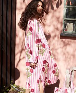 Floral Print <b>Kaftan</b> Maxi Dress V-neck Long Sleeve Loose Fit 100% Cotton <b>Summer</b> Casual Simple Lady's Woven Breathable - Product Image 1
